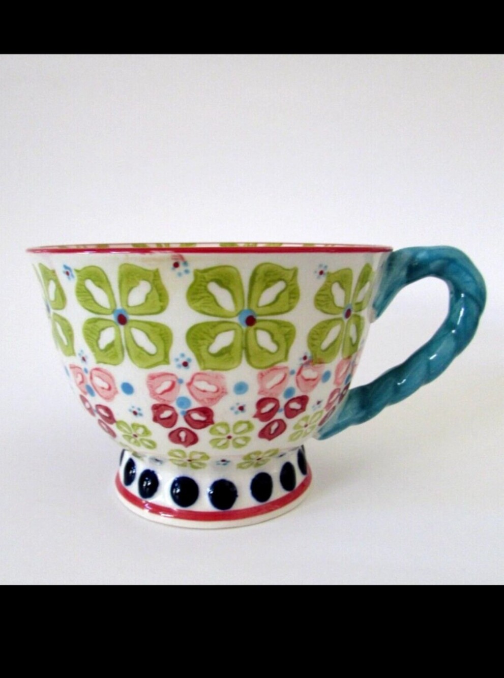 0610 Anthropologie Mug Elka Ayaka Green Floral Footed Coffee Tea Twisted Handle